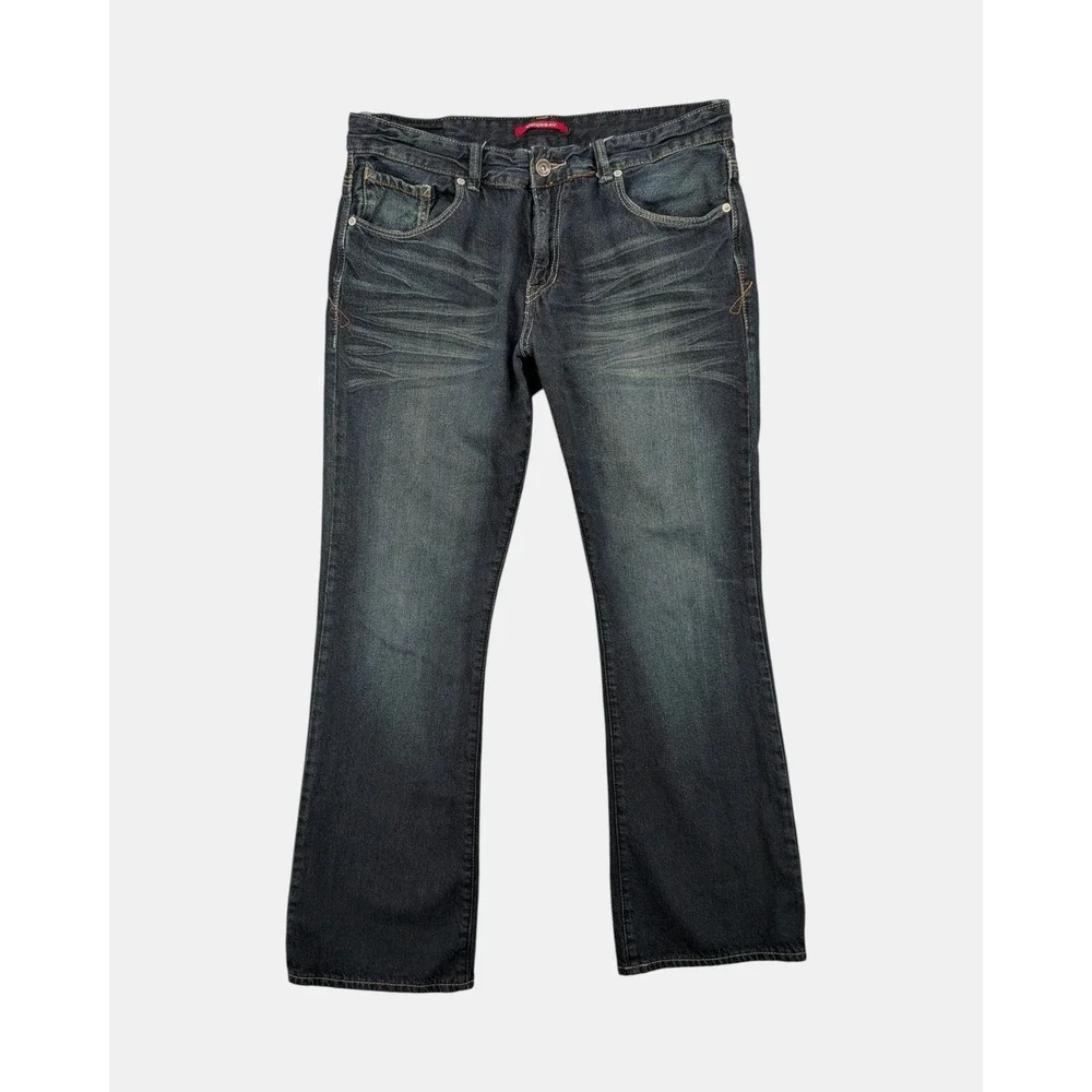 Y2K Unionbay Mens 36x32 Bootcut Jeans Dark Wash Faded Embroidered Pockets